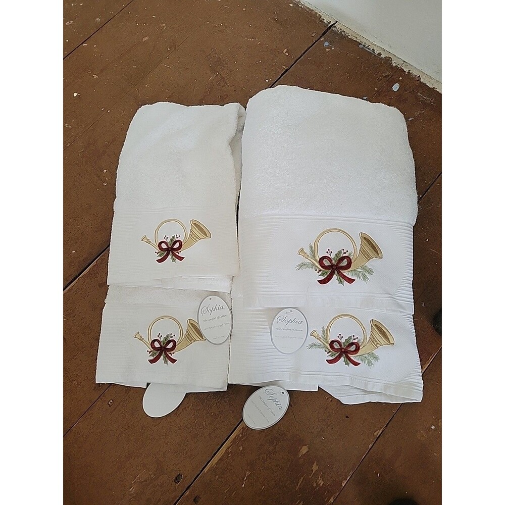 Sophia 100% Cotton Christmas Horn Bow Embroidered Towel Set of 4 New NWT